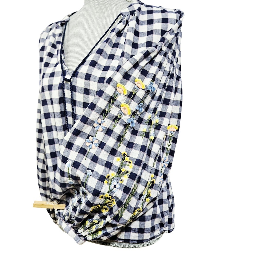 H&M 100% Cotton Navy Gingham Embroidered Floral Tassel Blouse 4 Cottagecore Boho
